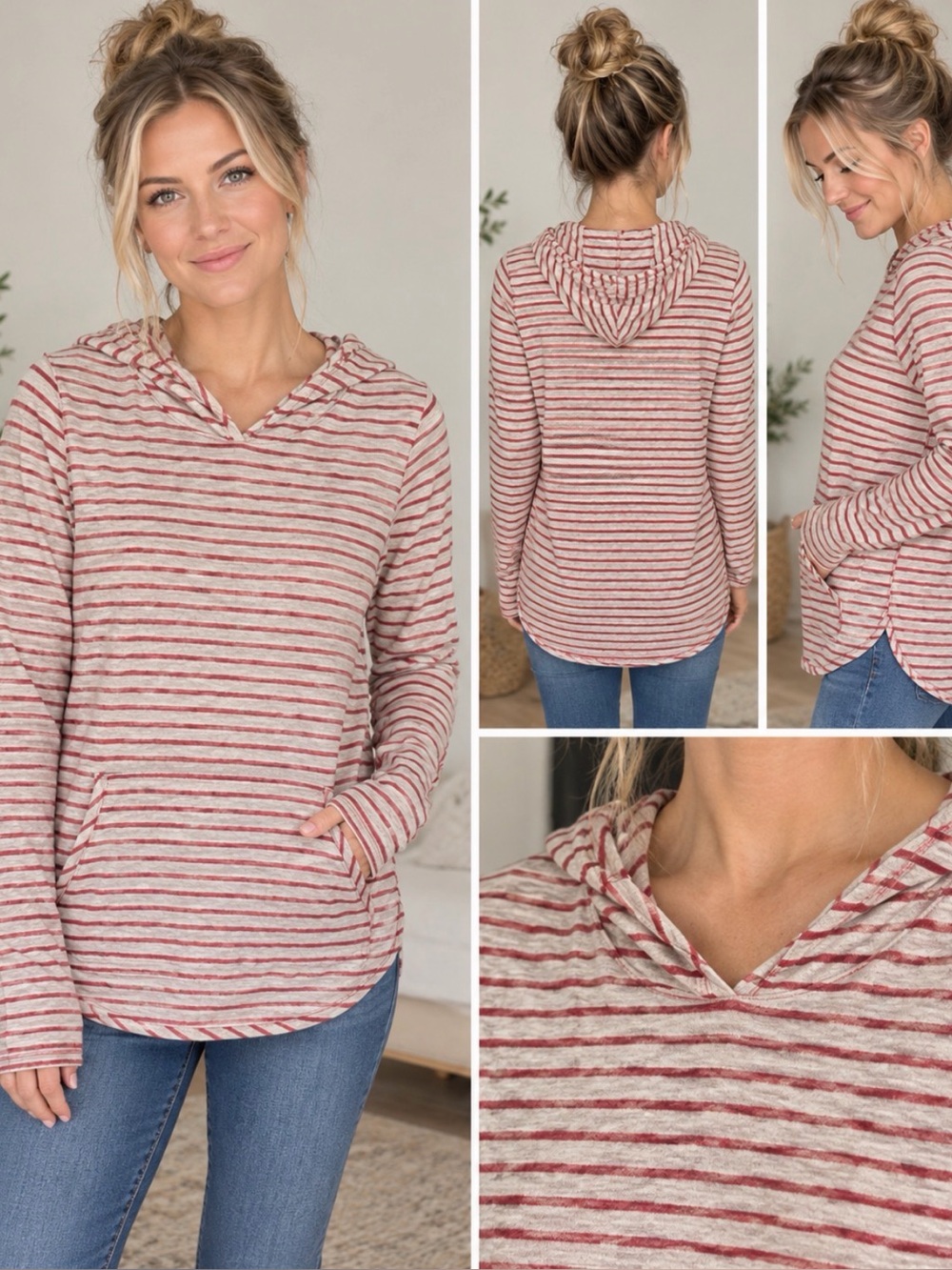 Market & Spruce Striped Pullover Hoodie in Red & Cream Size Small